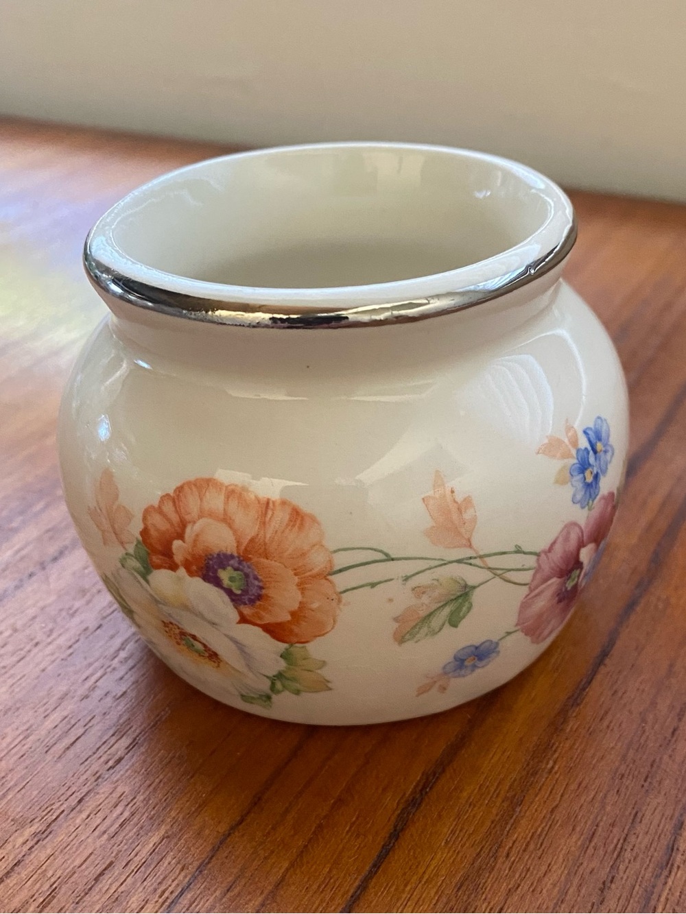 Vintage Vase Ramekin Harker Pottery Oven Safe Floral Jar with Silver Rim